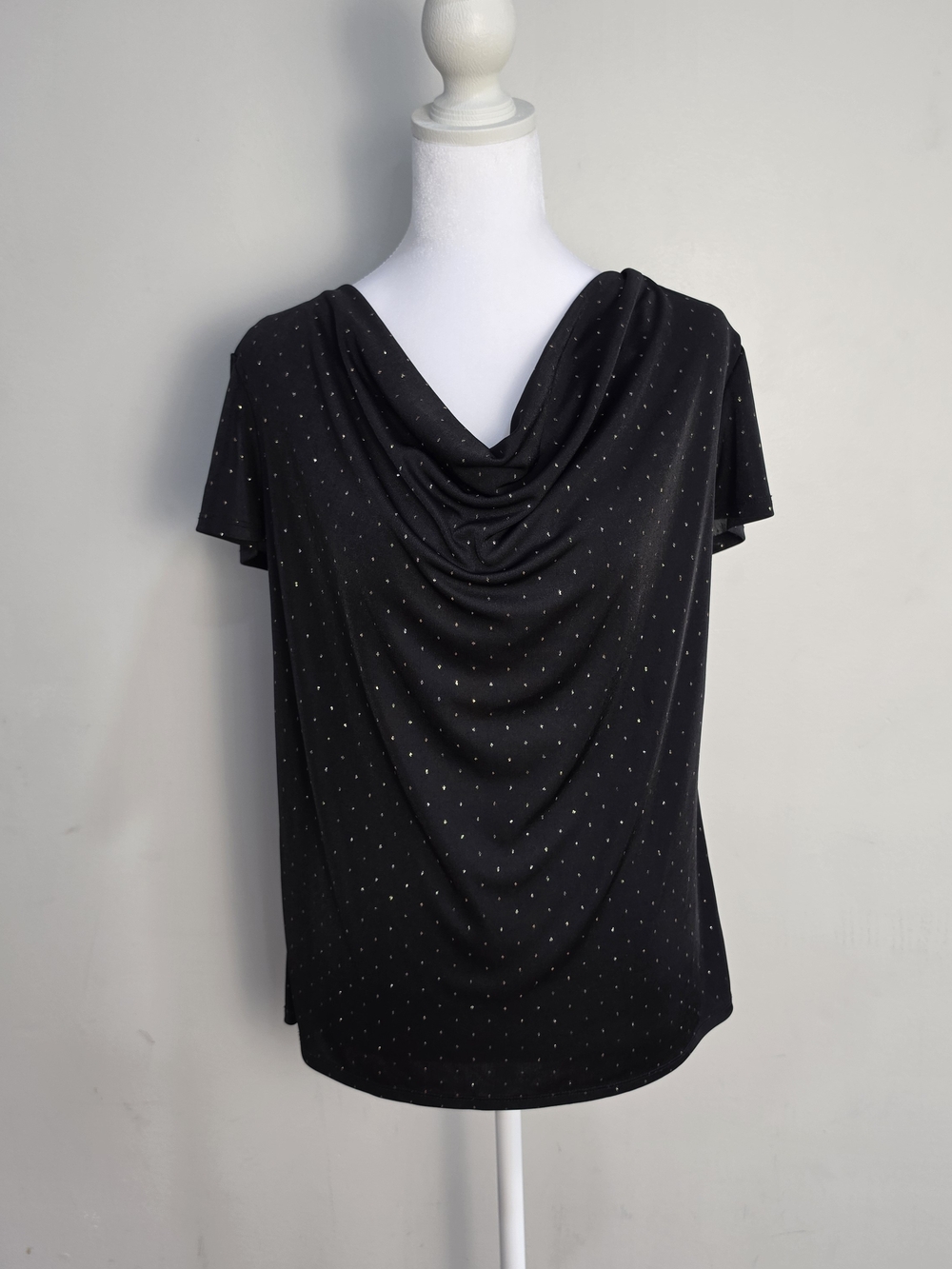 Jaclyn Smith Black Short Sleeve Draped V-Neck Top with Metallic Dot Accents